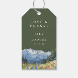 オリーブグリーンの水彩山のワイルドフラワーウェディング ギフトタグ