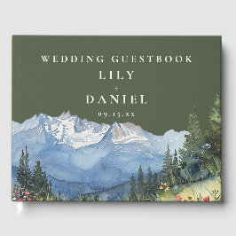 オリーブグリーンの水彩画の山の結婚式の写真 ゲストブック
