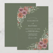 オリーブグリーンの渋めの秋の結婚式 招待状 (正面/裏面)
