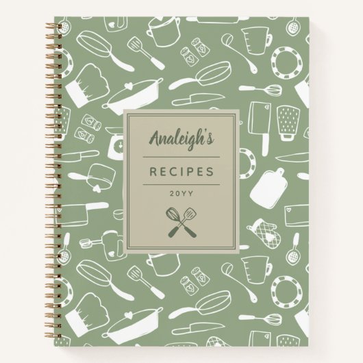 オリーブグリーンの白い手描きのキッチン用品レシピ ノートブック (正面)