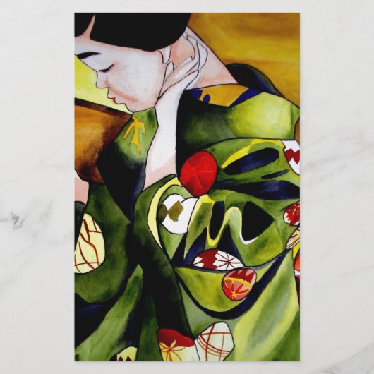 オリーブグリーンの着物を着た芸者 便箋 (正面)