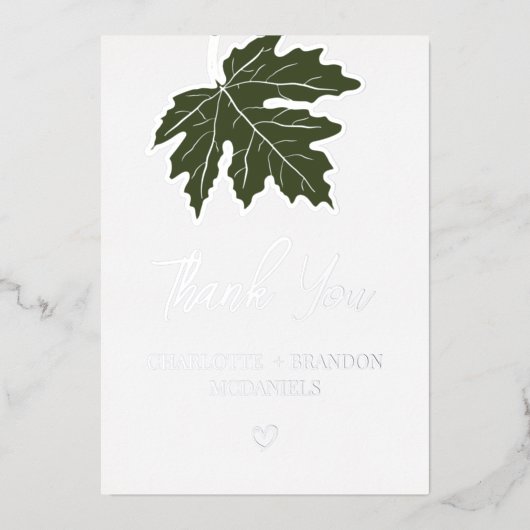 オリーブグリーンの秋の紅葉ウェディングサンクス 箔招待状 (正面)