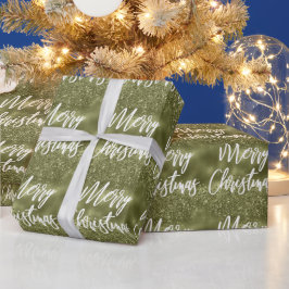 オリーブグリーンの箔ギラギラ メリークリスマス スクリプト ラッピングペーパー