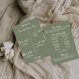 オリーブグリーンの結婚式プログラムカード編集可能テンプレート プログラム