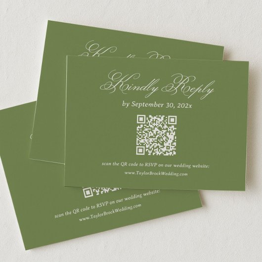 オリーブグリーンの結婚式RSVP QRコード エンクロージャーカード