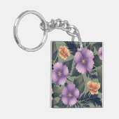 オリーブグリーンの背景にラベンダーと桃の花 キーホルダー (正面左)