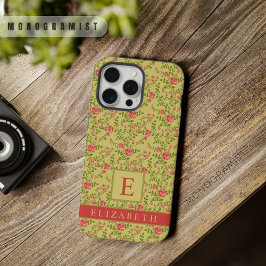 オリーブグリーンの花とピンクのバラの花のカスタマイズ iPhone 15 PRO MAXケース