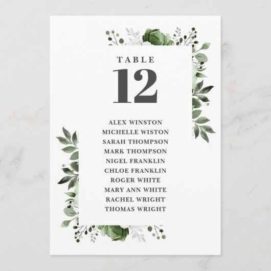 オリーブグリーンの花柄テーブルナンバー席次表 招待状 (正面)