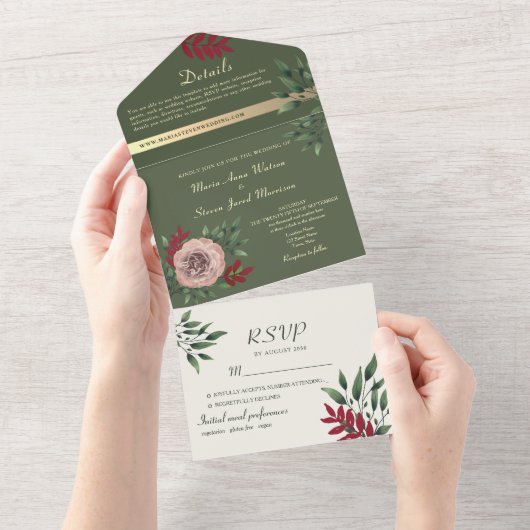 オリーブグリーンの花柄ボタニカルウェディング オールインワン招待状 (貼ってはがせる)