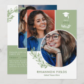 オリーブグリーンの葉が重なる写真の卒業生 招待状 (正面/裏面)