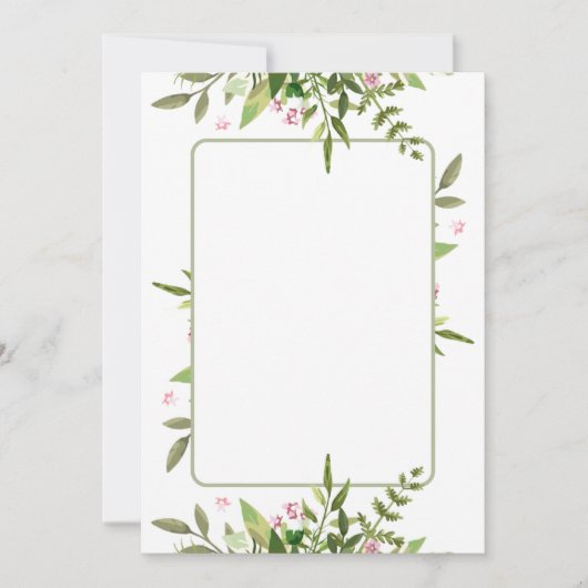 オリーブグリーンの葉のスプレーとピンクの花のデザイン 招待状 (正面)