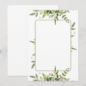 オリーブグリーンの葉のスプレーとピンクの花のデザイン 招待状 (正面/裏面)