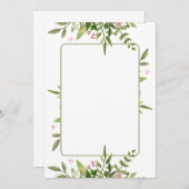 オリーブグリーンの葉のスプレーにピンクの花をデザイン 招待状 (正面/裏面)