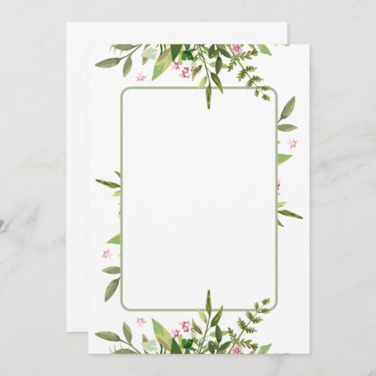 オリーブグリーンの葉のスプレーにピンクの花をデザイン 招待状 (正面/裏面)