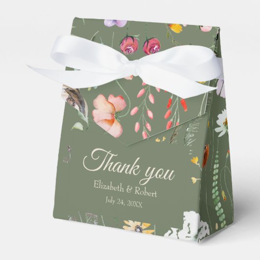 オリーブグリーンの野の花の草原の結婚式の引出物袋 フェイバーボックス (正面サイド)