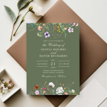 オリーブグリーンの野の花の草原の結婚式の招待状