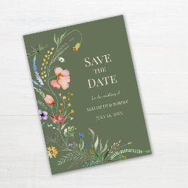 オリーブグリーンの野生の花の草原 Save the Date カード
