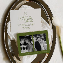 オリーブグリーンのLove & Thanks 2枚の写真の結婚式 サンキューカード