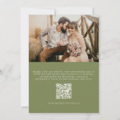 オリーブグリーンのQRコード付き写真 ミニマリスト結婚式 招待状 (裏面)