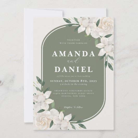 オリーブグリーンアーチホワイトフローラ結婚式招待状 招待状 (裏面)