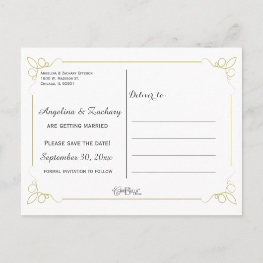 オリーブグリーンアールデコ日付のポストカードを保存 案内ポストカード (裏面)