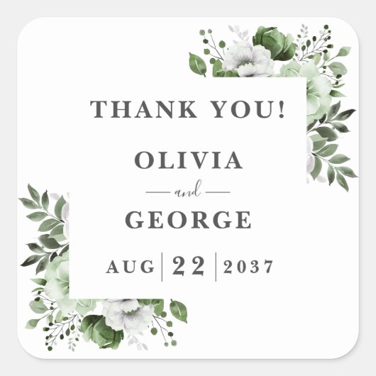 オリーブグリーンエレガントカントリーフローラ結婚式の引き出物 スクエアシール (正面)