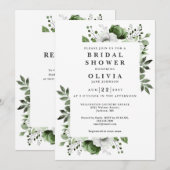 オリーブグリーンエレガントフローラブライダルシャワーQRコード 招待状 (正面/裏面)