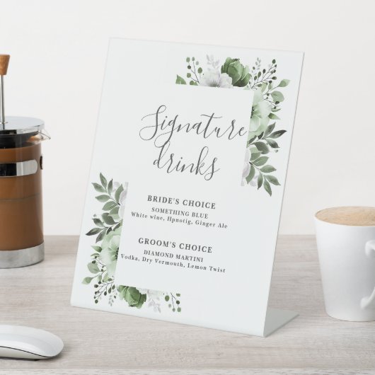 オリーブグリーンエレガントフローラモダンシグネチャードリンク 台座サイン (インサイチュ)