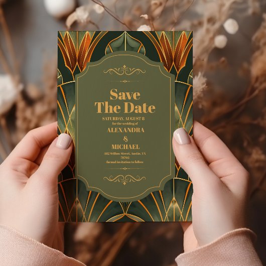 オリーブグリーンエレガントヴィン華美テージ結婚式 セーブザデート