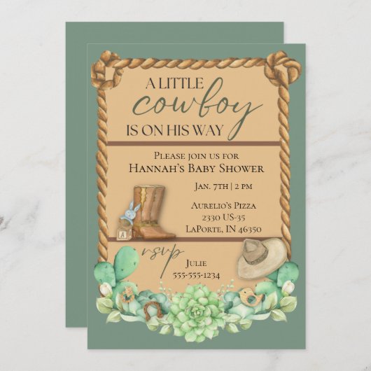 オリーブグリーンカウボーイウェスタンベビーシャワー招待状 招待状 (正面/裏面)