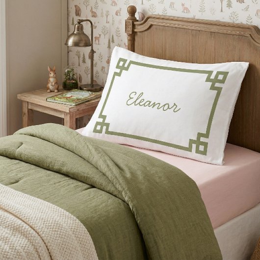 オリーブグリーンギリシャ鍵モノグラム標準 枕カバー