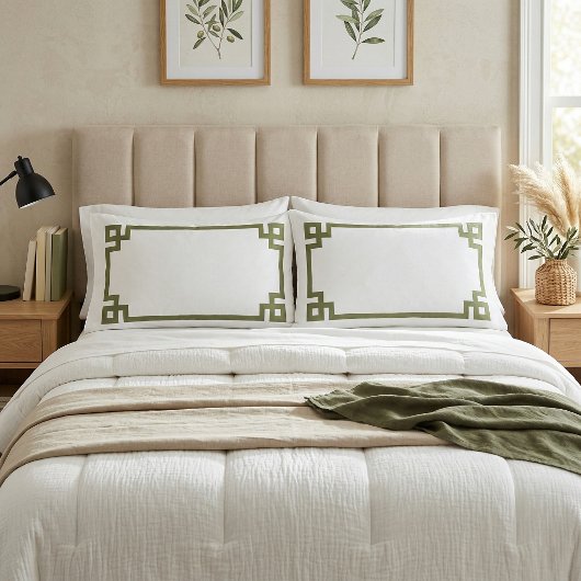 オリーブグリーンギリシャ鍵縁どキングサイズ 枕カバー