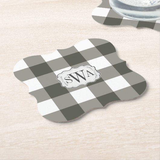 オリーブグリーンギンガムファミリーモノグラムファームハウス ペーパーコースター (アングル)