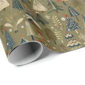 オリーブグリーンクリスマスパターン付き/木、雪 ラッピングペーパー (ロールコーナー)