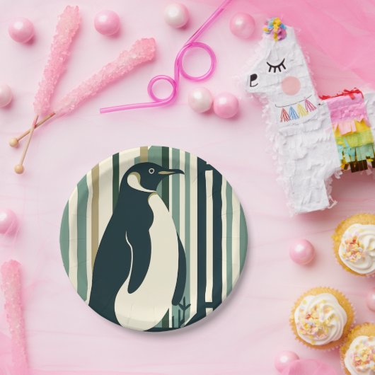 オリーブグリーンクリームペンギンイラストレーションフォレスト ペーパープレート (パーティー)