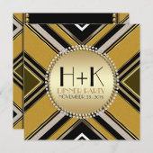 オリーブグリーンゴールドのアートデコ・ディナーパーティー招待状 招待状 (正面/裏面)