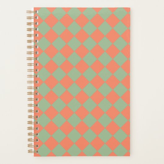 オリーブグリーンサーモンピンク市松模様にクダイヤモンドパターン プランナー手帳 (正面)