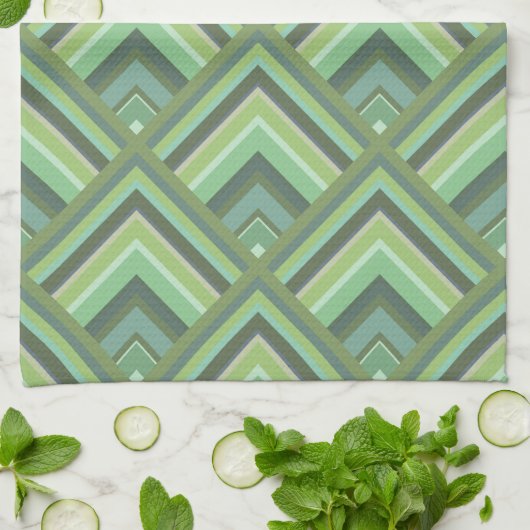 オリーブグリーンストライプのスケールパターン キッチンタオル (折り畳み)