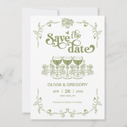 オリーブグリーンスパーキングシャンパン日付を保存 招待状 (正面)