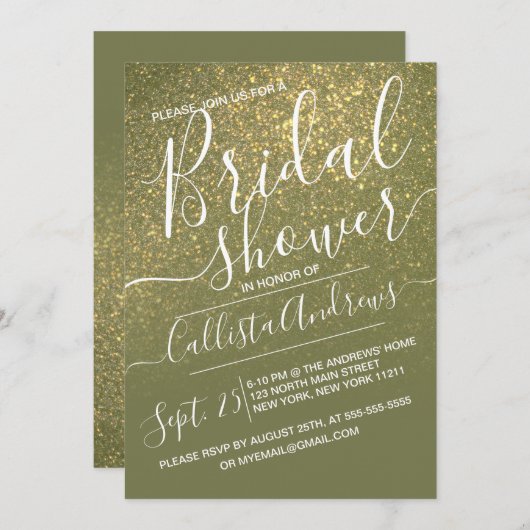 オリーブグリーンスパークリーグリッターグラデーションブライダルシャワー 招待状 (正面/裏面)