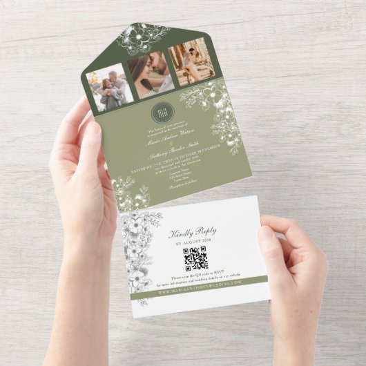 オリーブグリーンセージフローラ結婚写真 オールインワン招待状 (貼ってはがせる)