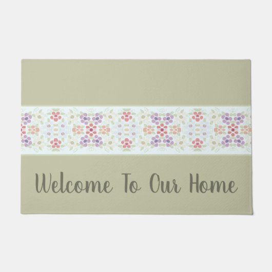 オリーブグリーンタイポグラフィウィズパステルフローラ ドアマット (正面)