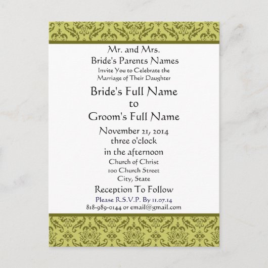 オリーブグリーンダマスクオンホワイト結婚式招待状 インビテーションポストカード (正面)