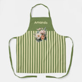 オリーブグリーントップとベージュストライプフローラ エプロン (正面)