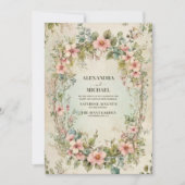 オリーブグリーンピンクフローラ結婚アールヌーボー 招待状 (正面)