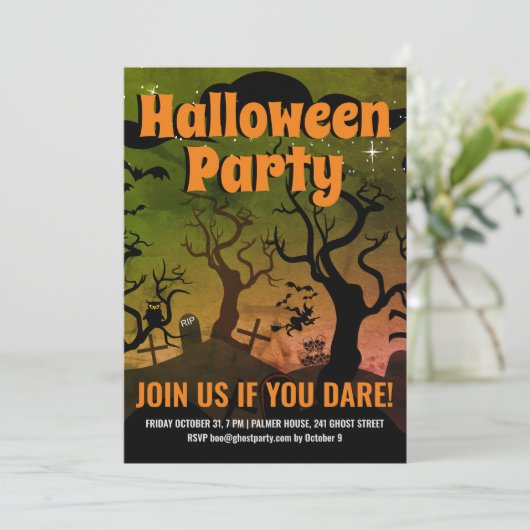 オリーブグリーンピンク幽霊のよく出る墓地ハローウィンパーティ 招待状 (スタンド正面)