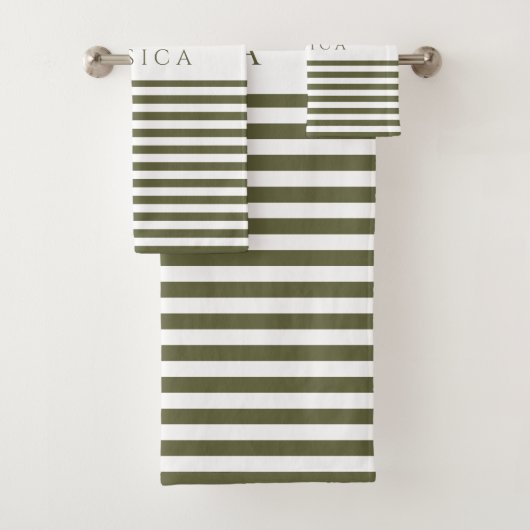 オリーブグリーンファームハウスストライプのパターパーソナライズされたン バスタオルセット (インサイチュ)