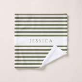 オリーブグリーンファームハウスストライプのパターパーソナライズされたン バスタオルセット (ウォッシュタオル)