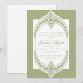 オリーブグリーンフレンチフラワーフレームウェディング 招待状 (正面/裏面)
