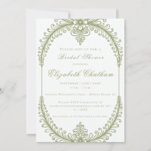 オリーブグリーンフレンチフラワーフレーム ブライダルシャワー 招待状 (正面)
